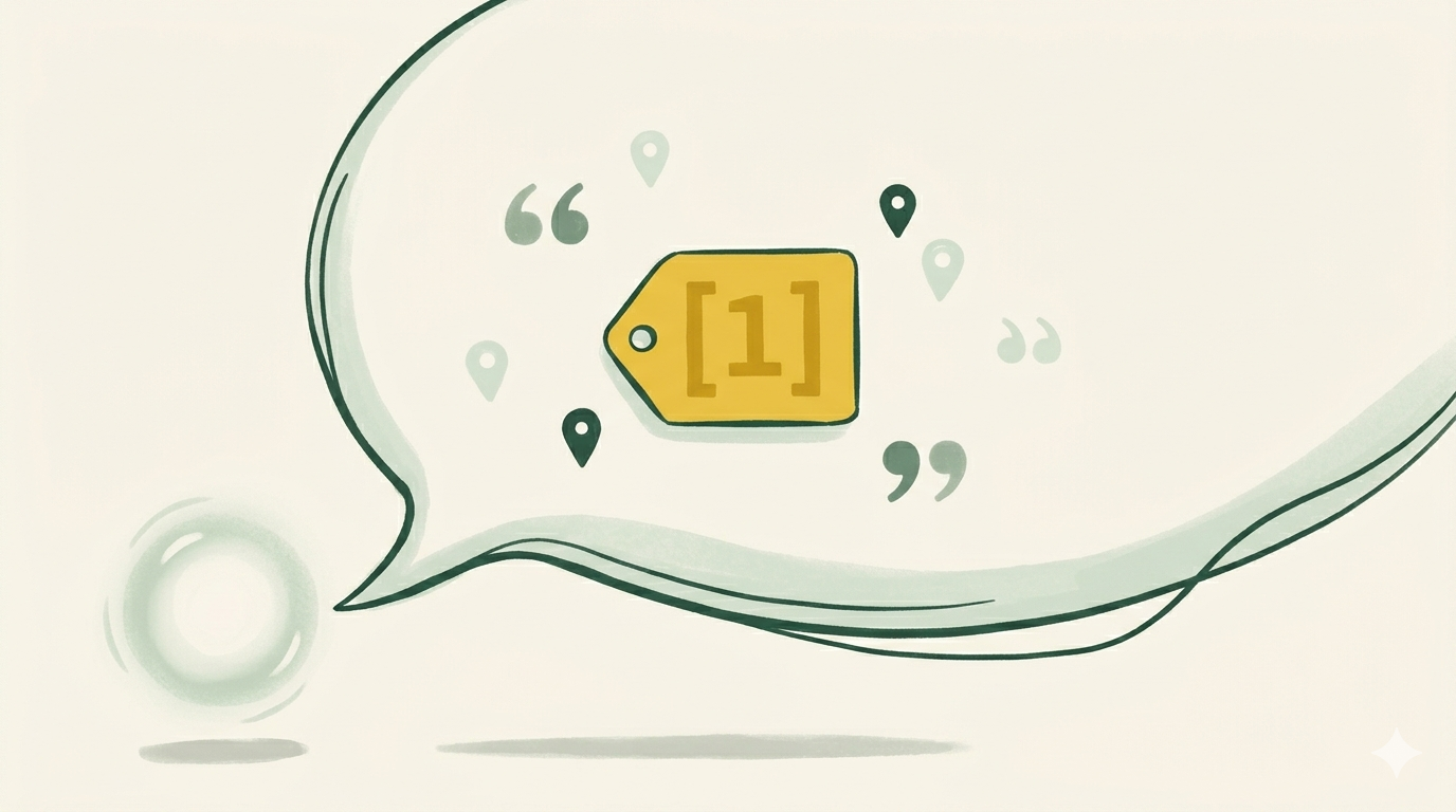 Une bulle de conversation contenant un badge de citation jaune émise par un assistant IA